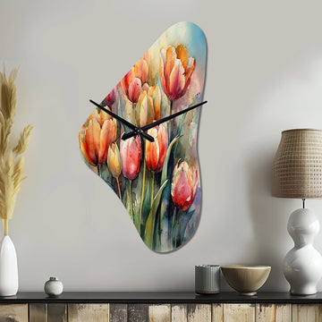 Orange Serenade Of Tulips - Asymmetric Metal Wall Clock